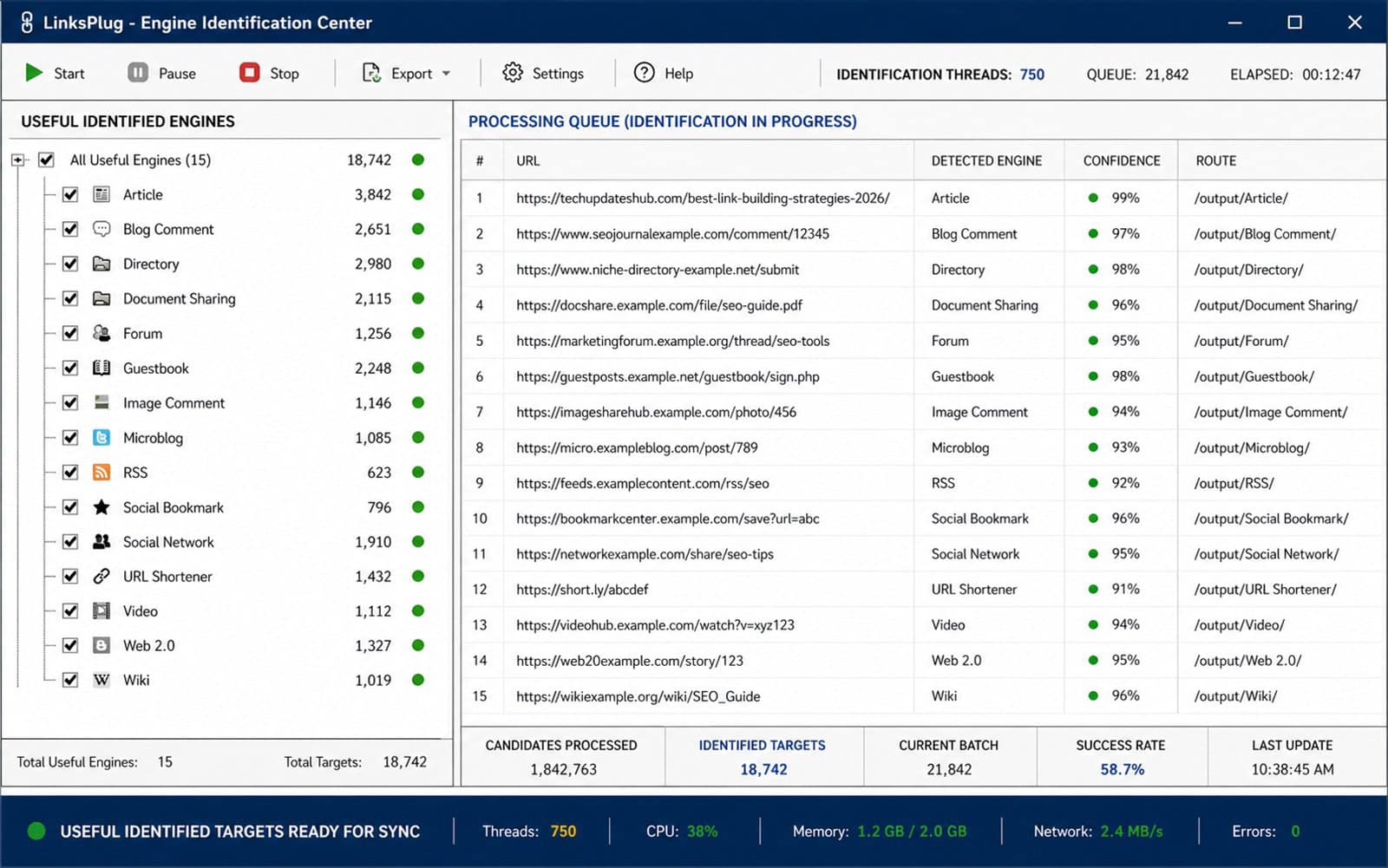 Desktop compatibility-processing software separating URL candidates into useful GSA SER compatible engine categories and output folders
