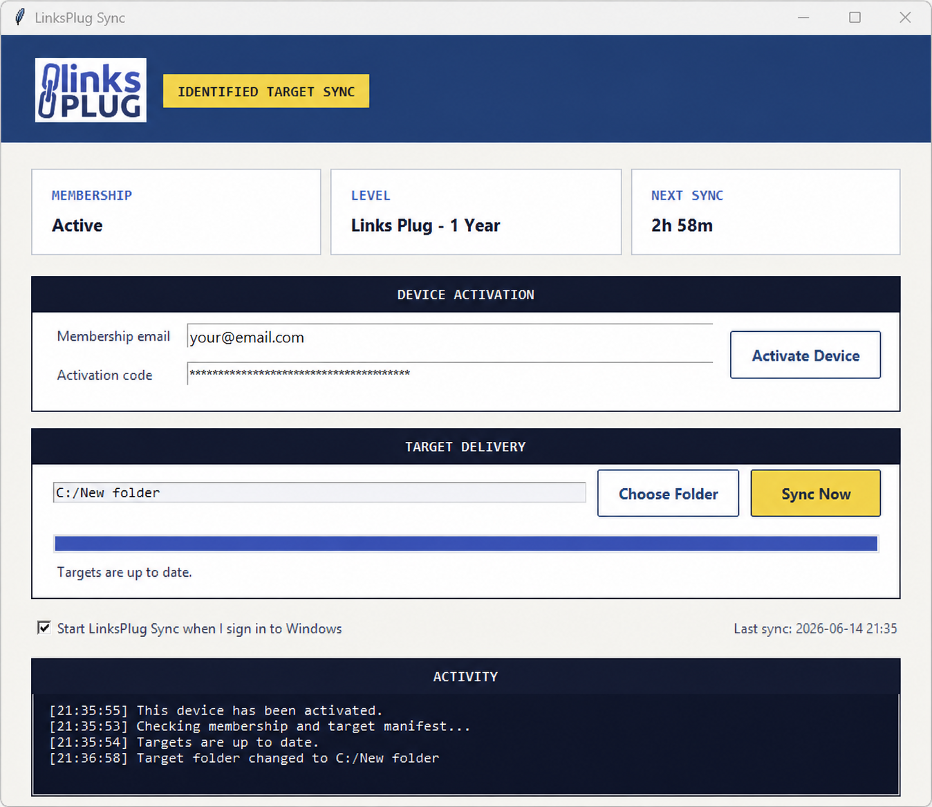 Actual LinksPlug Sync application interface showing active membership and target delivery